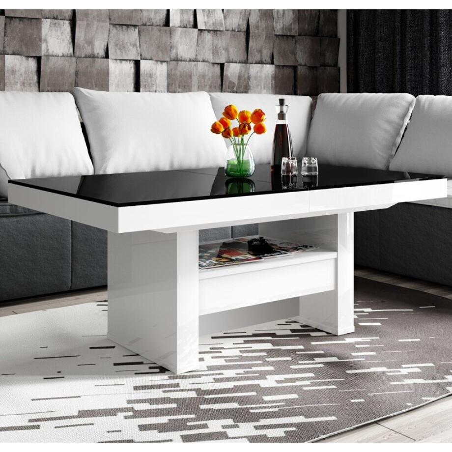Salontafel / Eettafel Aversa Lux 120 tot 170 cm breed in hoogglans wit met zwart afbeelding 1