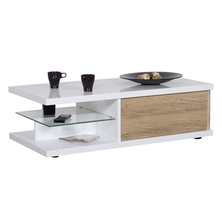 Salontafel Karma 120 cm breed - Hoogglans wit met Eiken afbeelding 1