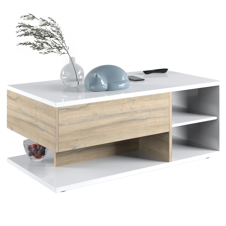 Salontafel Insta 115x60 Cm hoogglans wit met eiken afbeelding 1