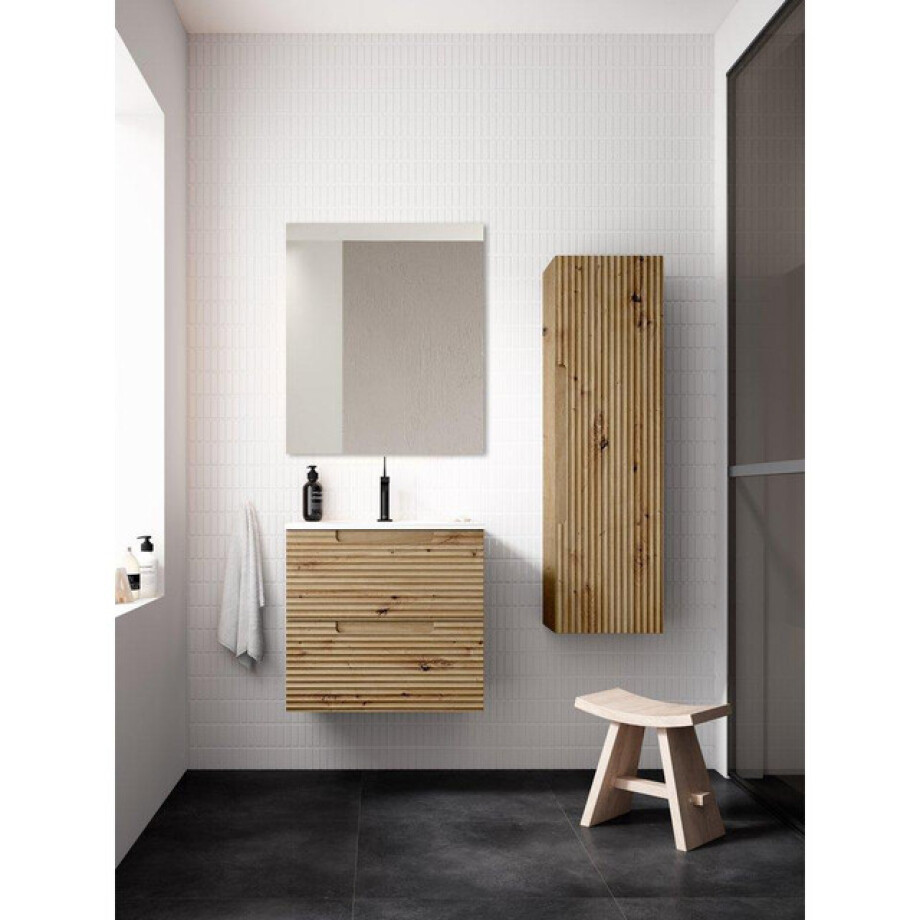 Saniclass Prime Balance Badkamermeubelset - 60x55x45cm - 1 rechthoekige keramische wasbak wit - 1 kraangat - 2 lades - rechthoekige spiegel - rustiek eiken SW724610/SW804530/SW1027165 afbeelding 1