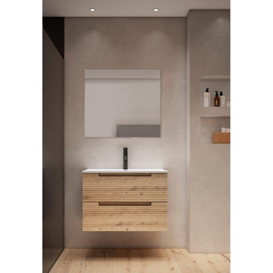 Saniclass Prime Balance Badkamermeubelset - 80x55x45cm - 1 rechthoekige keramische wasbak wit - 1 kraangat - 2 lades - rechthoekige spiegel - rustiek eiken SW724611/SW804531/SW1027167 Saniclass Prime Balance Badkamermeubelset - 80x55x45cm - 1 rechthoekige keramische wasbak wit - 1 kraangat - 2 lades - rechthoekige spiegel - rustiek eiken SW724611/SW804531/SW1027167 afbeelding 1