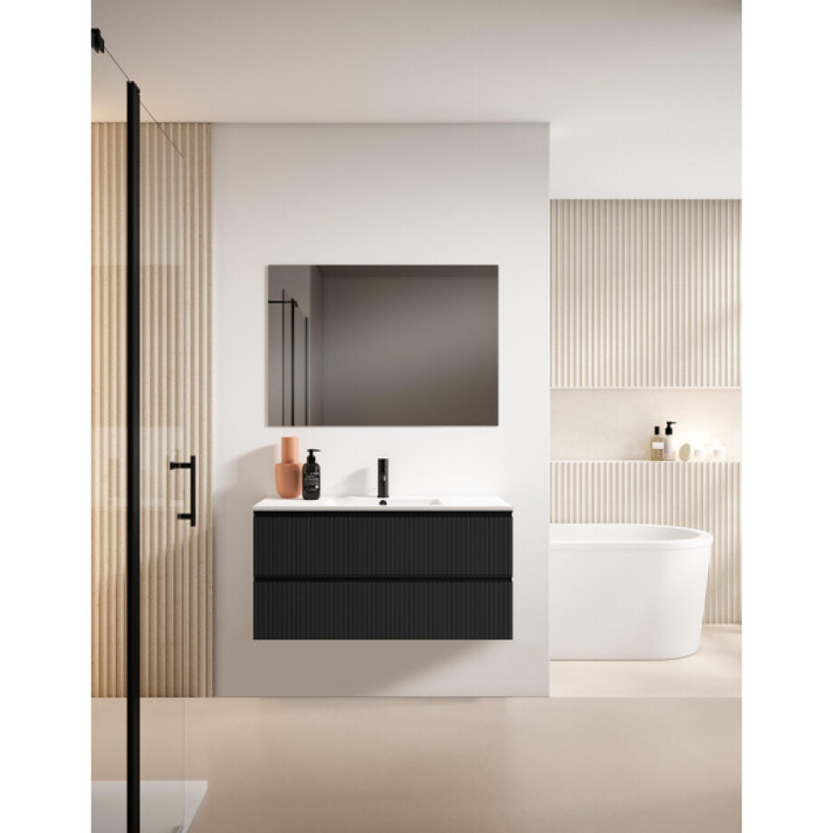 Saniclass Prime Blend Badkamermeubelset - 100x55x46cm - 1 rechthoekige keramische wasbak wit - 1 kraangat - 2 lades - rechthoekige spiegel - mat zwart SW892723/SW804532/SW724612 afbeelding 1