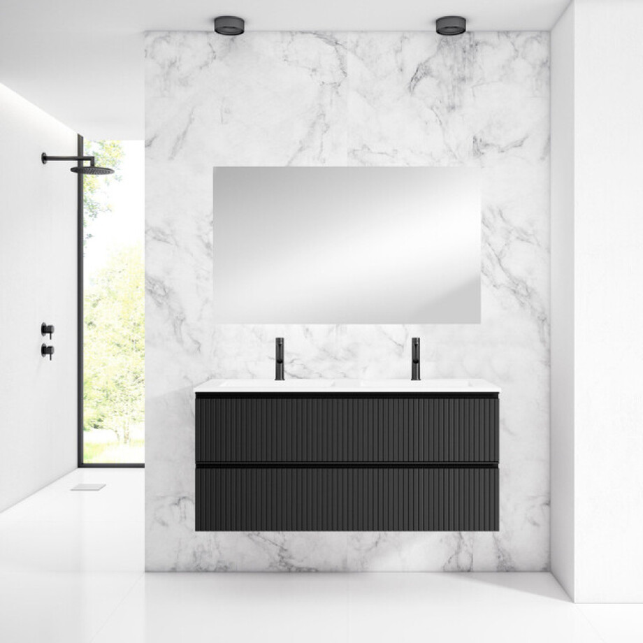 Saniclass Prime Blend Badkamermeubelset - 120x55x46cm - 2 rechthoekige keramische wasbakken wit - 2 kraangaten - 2 lades - rechthoekige spiegel - mat zwart SW928340/SW804533/SW724613 afbeelding 1