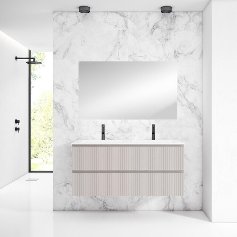 Saniclass Prime Blend Badkamermeubelset - 120x55x46cm - 2 rechthoekige keramische wasbakken wit - 2 kraangaten - 2 lades - rechthoekige spiegel - mat cotton (beige) SW928336/SW804533/SW724613 afbeelding 1