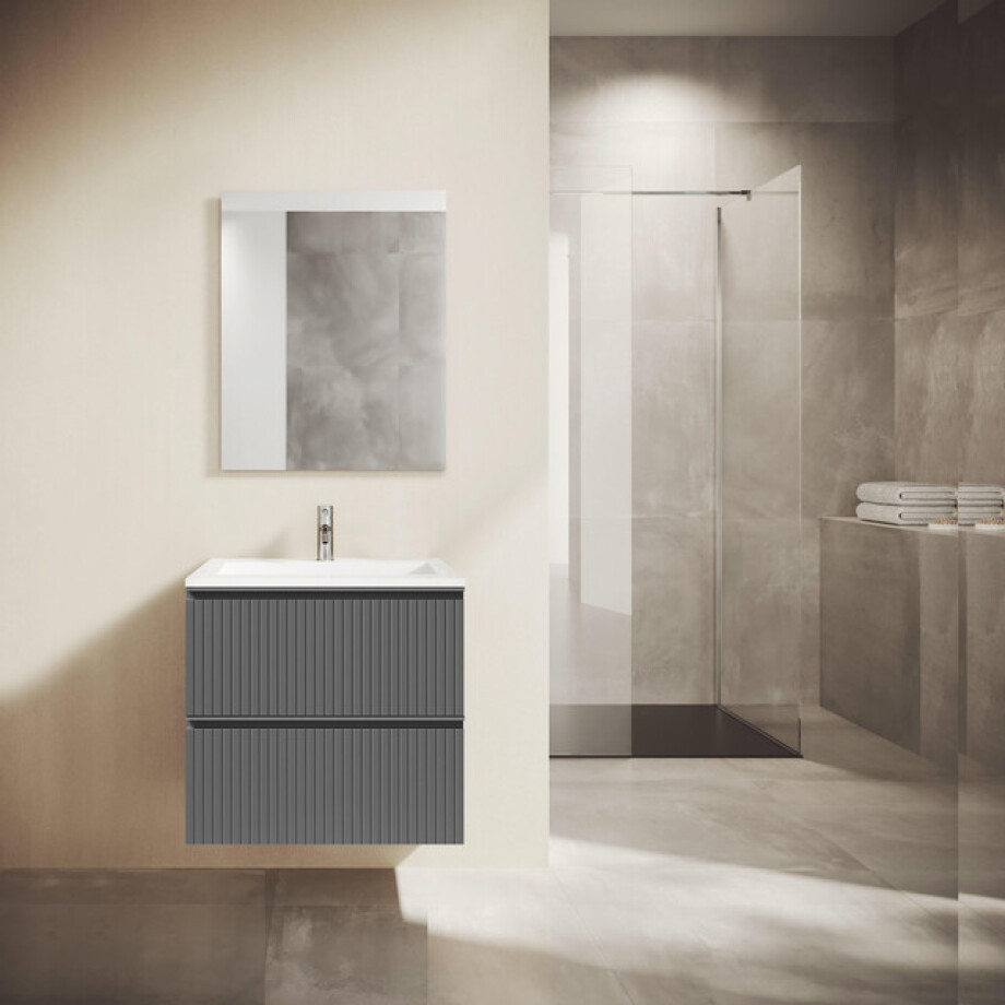 Saniclass Prime Blend Badkamermeubelset - 60x55x46cm - 1 rechthoekige keramische wasbak wit - 1 kraangat - 2 lades - rechthoekige spiegel - mat antraciet SW892640/SW804530/SW724610 afbeelding 1
