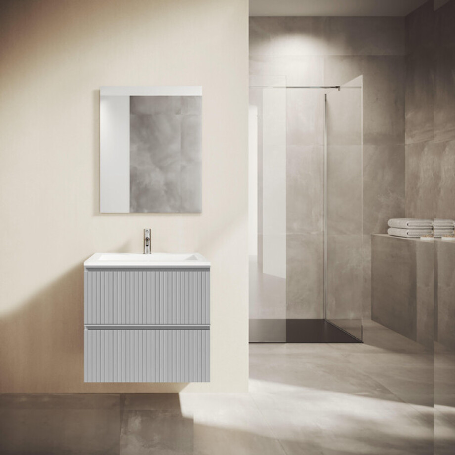 Saniclass Prime Blend Badkamermeubelset - 60x55x46cm - 1 rechthoekige keramische wasbak wit - 1 kraangat - 2 lades - rechthoekige spiegel - mat greige (grijs) SW892642/SW804530/SW724610 afbeelding 1