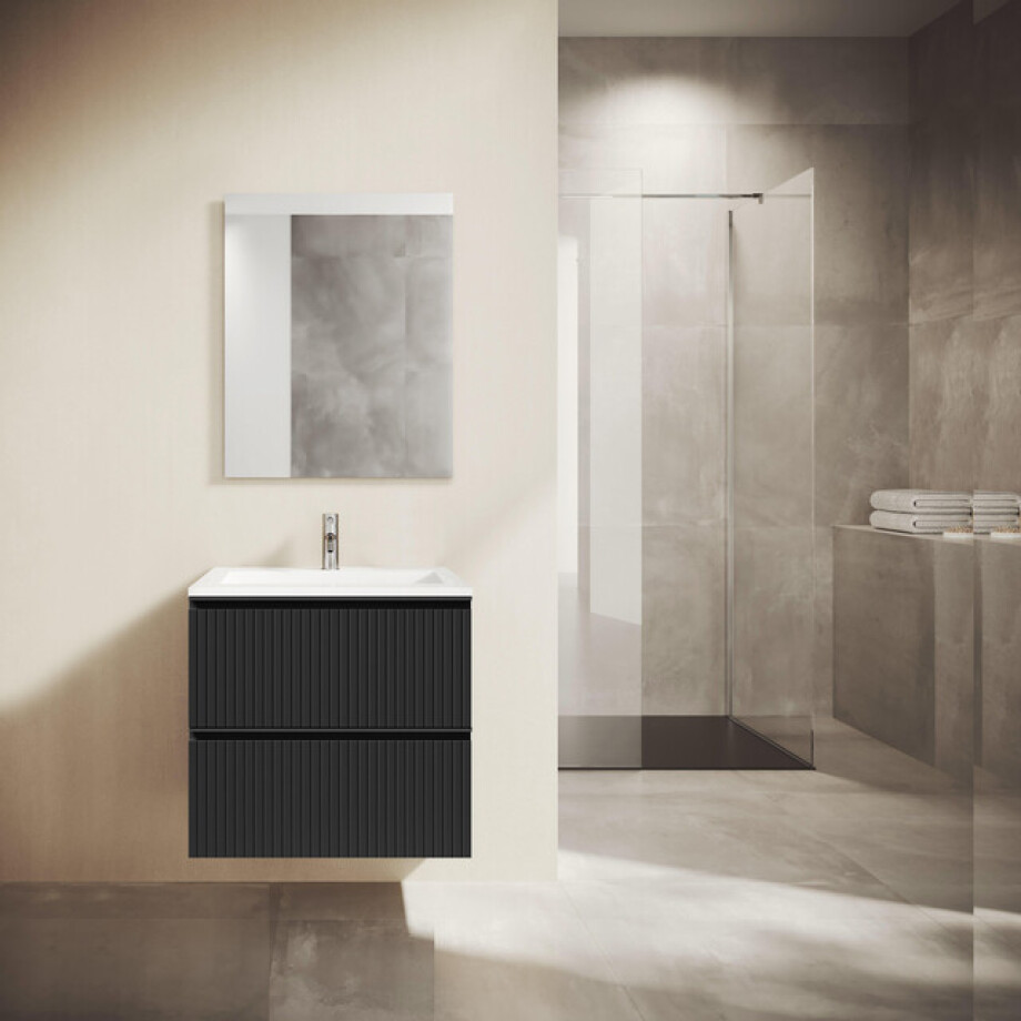 Saniclass Prime Blend Badkamermeubelset - 60x55x46cm - 1 rechthoekige keramische wasbak wit - 1 kraangat - 2 lades - rechthoekige spiegel - mat zwart SW892641/SW804530/SW724610 afbeelding 1