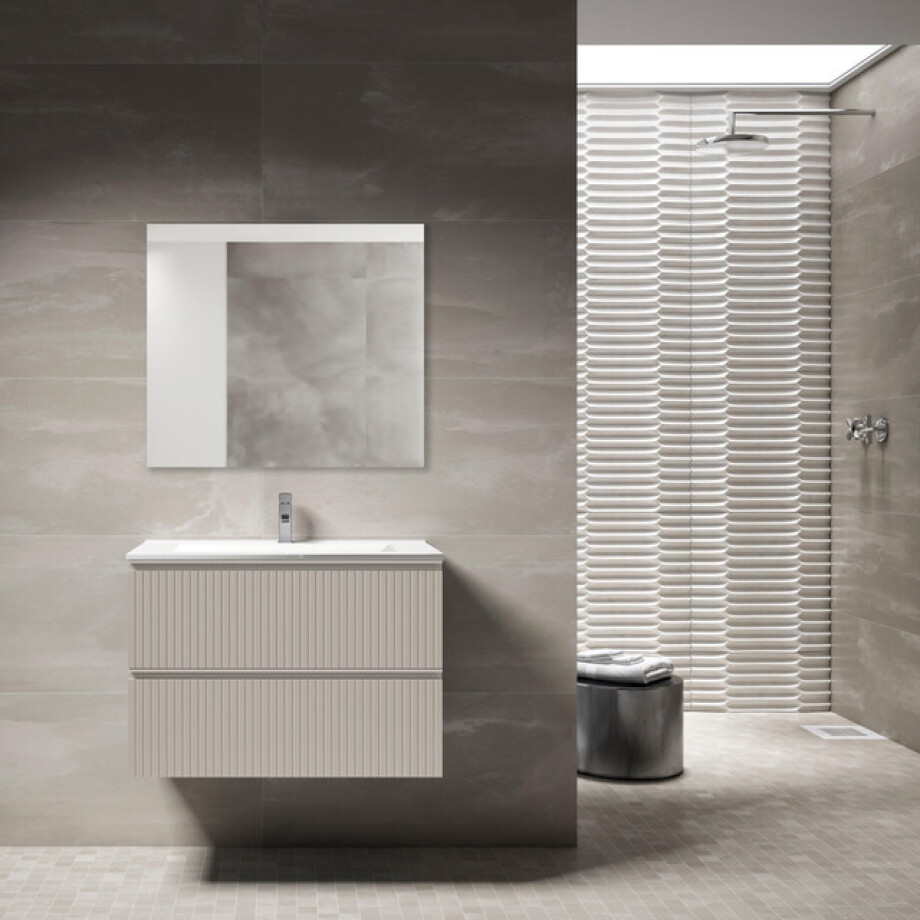 Saniclass Prime Blend Badkamermeubelset - 80x55x46cm - 1 ovale keramische wasbak wit - 1 kraangat - 2 lades - rechthoekige spiegel - mat cotton (beige) SW892643/SW718717/SW724611 Saniclass Prime Blend Badkamermeubelset - 80x55x46cm - 1 ovale keramische wasbak wit - 1 kraangat - 2 lades - rechthoekige spiegel - mat cotton (beige) SW892643/SW718717/SW724611 afbeelding 1