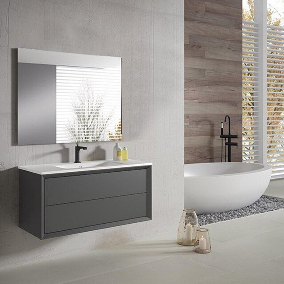 Saniclass Prime Core Badkamermeubelset - 100x50x45cm - 1 ovale keramische wasbak wit - 1 kraangat - 2 lades - rechthoekige spiegel - mat antraciet SW892725/SW718718/SW724612 afbeelding 1