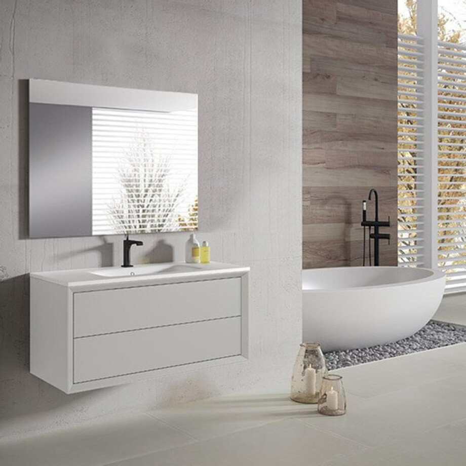 Saniclass Prime Core Badkamermeubelset - 100x50x45cm - 1 rechthoekige keramische wasbak wit - 1 kraangat - 2 lades - rechthoekige spiegel - mat cotton (beige) SW892685/SW804532/SW724612 afbeelding 1