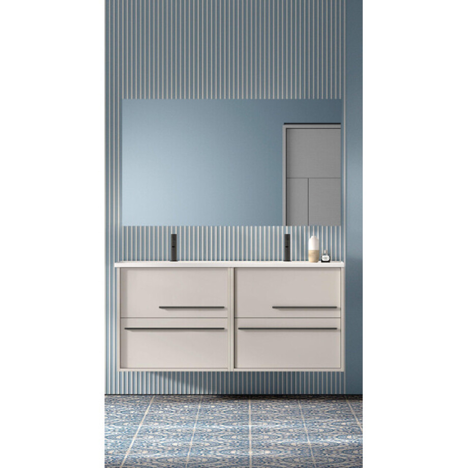 Saniclass Prime Essential Badkamermeubelset - 120x55x46cm - 2 ovale wasbakken wit - 2 kraangaten - 4 lades - rechthoekige spiegel - mat cotton (beige) 2xSW892657/SW718719/SW724613 afbeelding 1