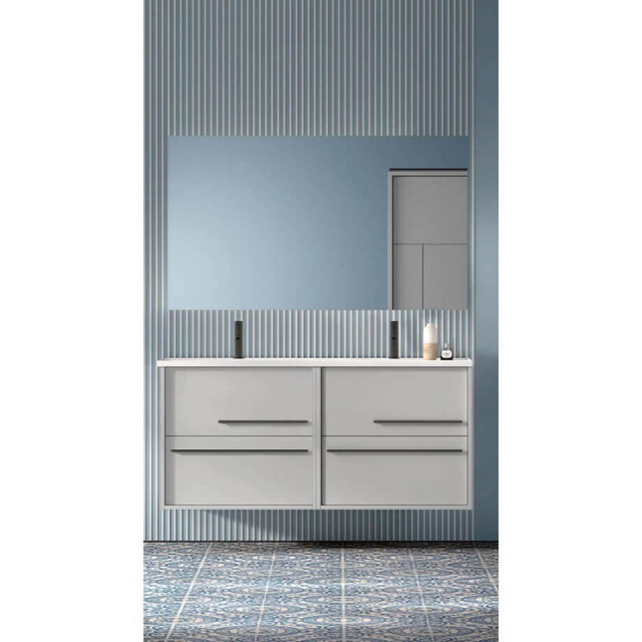 Saniclass Prime Essential Badkamermeubelset - 120x55x46cm - 2 rechthoekige wasbakken wit - 2 kraangaten - 4 lades - rechthoekige spiegel - mat greige (grijs) 2xSW892661/SW804533/SW724613 afbeelding 1