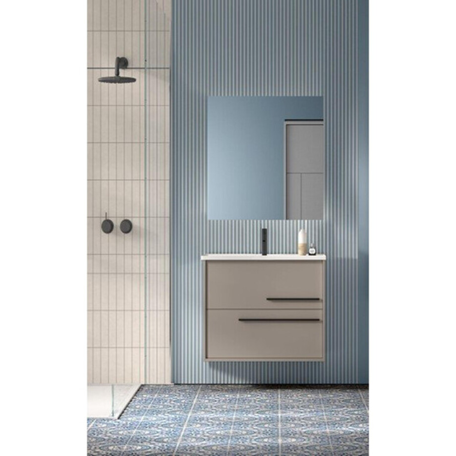 Saniclass Prime Essential Badkamermeubelset - 60x55x46cm - 1 rechthoekige wasbak wit - 1 kraangat - 2 lades - rechthoekige spiegel - taupe SW892660/SW804530/SW724610 afbeelding 1