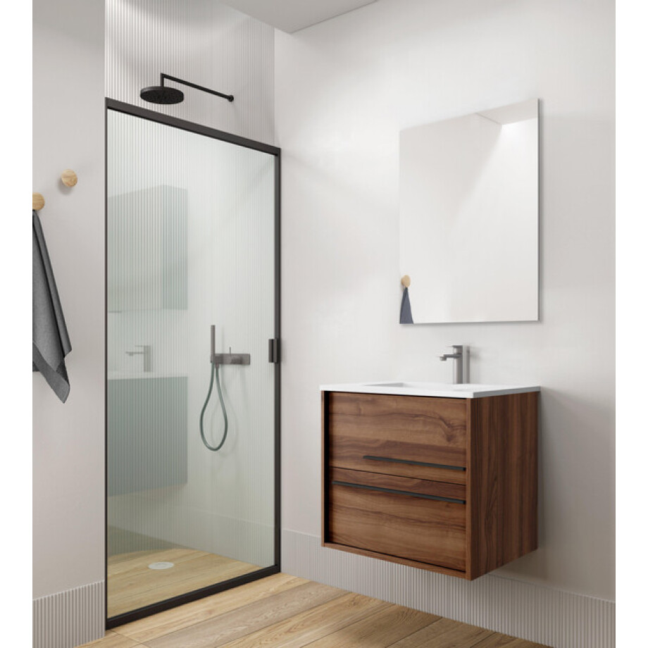 Saniclass Prime Essential Badkamermeubelset - 60x55x46cm - 1 rechthoekige wasbak wit - 1 kraangat - 2 lades - rechthoekige spiegel - noten (hout) SW892659/SW804530/SW724610 afbeelding 1