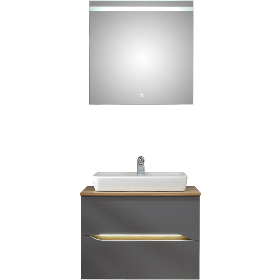 Saphir Badkamerserie Quickset 2-delig, keramieken opzetwasbak met led-spiegel Wastafelmeubel 73 cm breed, inclusief deurdemper, 2 laden (5-delig) afbeelding 1