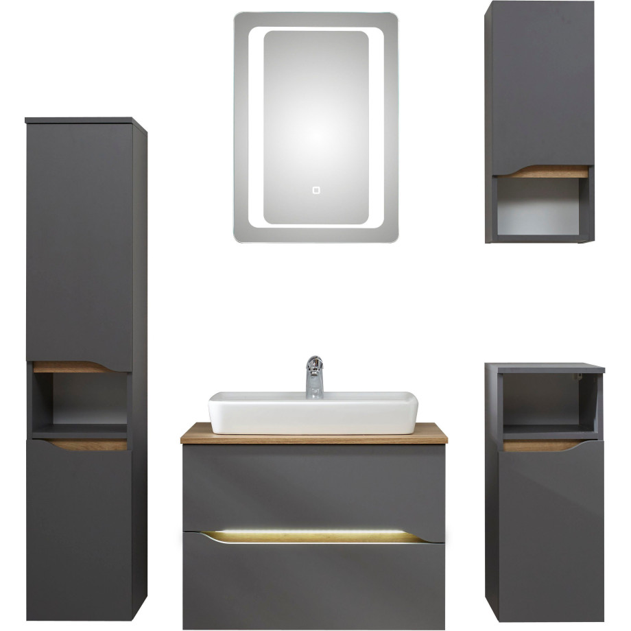 Saphir Badkamerserie Quickset 5-delig, keramieken opzetwasbak met led-spiegel Halfhoge kast, onderkast, hangend kastje, inclusief deurdemper, 6 deuren (8-delig) afbeelding 1