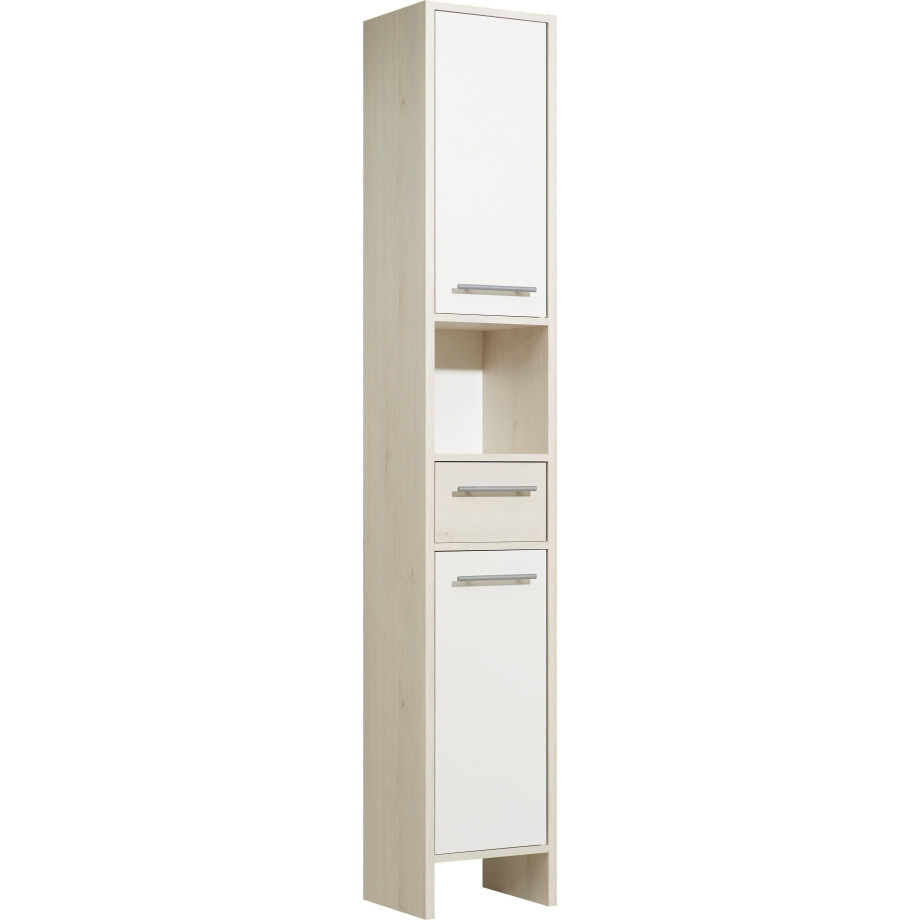 Saphir Hoge kast Quickset 350 Badkamermeubel 33 cm breed, 2 deuren, 1 lade, 1 nis Badkamer hoge kast, licht dennenhout Ida, handgrepen in aluminiumkleur (1 stuk) afbeelding 1