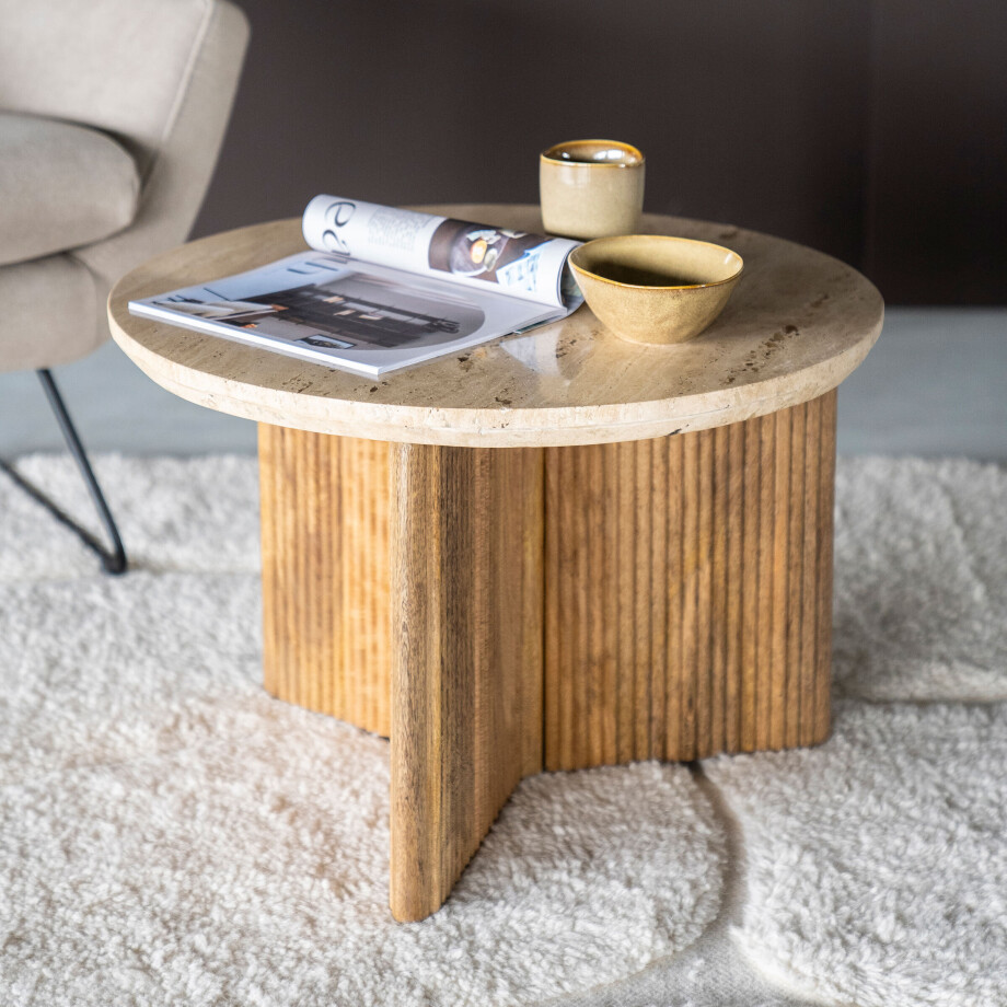 Eleonora Ronde Bijzettafel 'Sara' Mangohout en travertin, 60cm afbeelding 