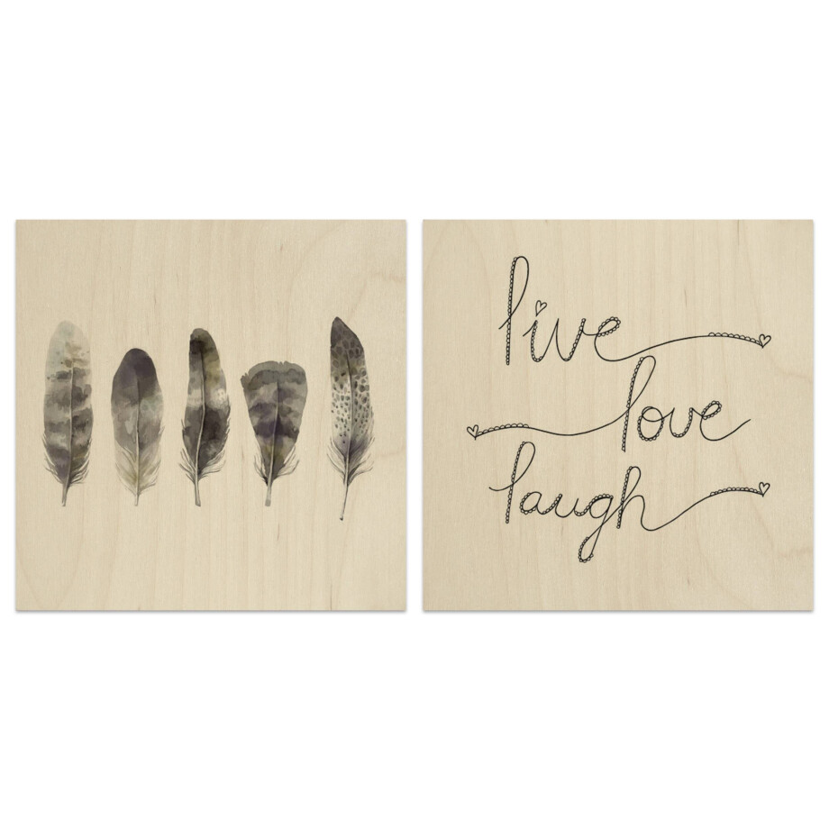 Set van 2 houtprints Live Laugh Love en Five Feathers | Orangewallz afbeelding 1