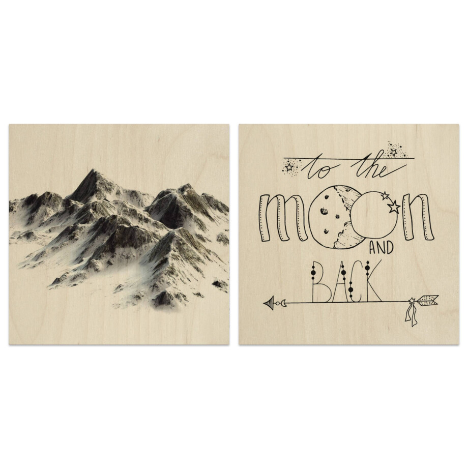 Set van 2 houtprints To The Moon en Snow Mountains | Orangewallz afbeelding 1