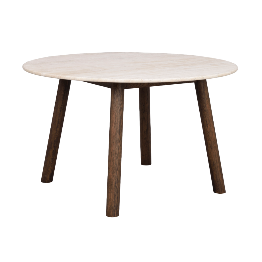 Taransay eikenhouten eettafel donker bruin - met beige travertine tafelblad - Ø125 cm afbeelding 1