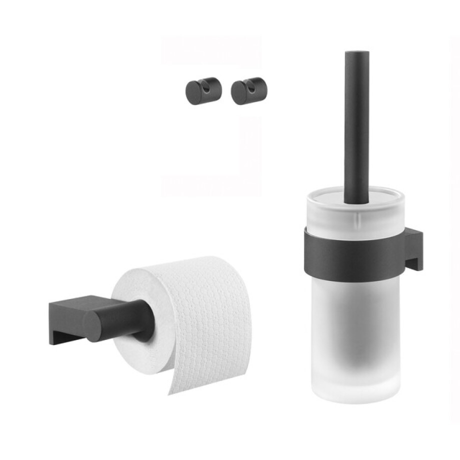 Tiger Bold Toiletaccessoireset Toiletborstel met houder Toiletrolhouder zonder klep Handdoekhaken 2 stuks Zwart 289090701 Tiger Bold Toiletaccessoireset Toiletborstel met houder Toiletrolhouder zonder klep Handdoekhaken 2 stuks Zwart 289090701 afbeelding 1