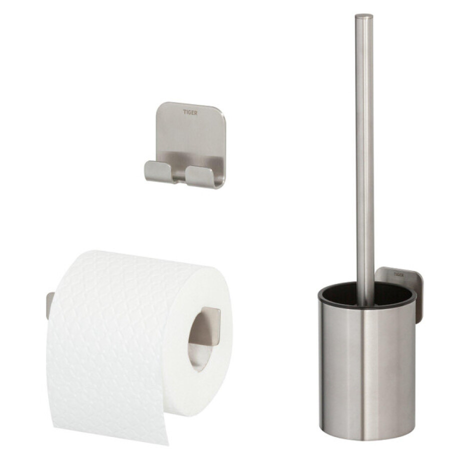 Tiger Colar Toilet Accessoireset - toiletrolhouder - zonder klep - toiletborstelhouder - handdoekhaak - zelfklevend - geborsteld RVS 1314400901 afbeelding 1