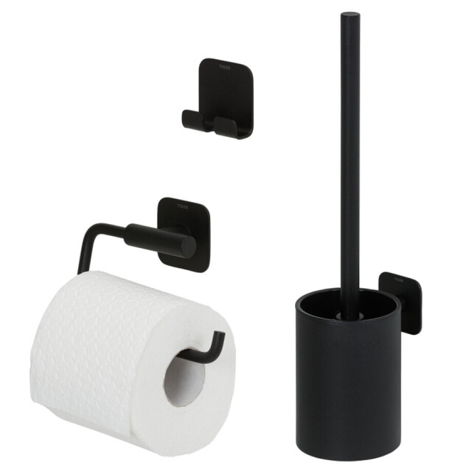 Tiger Colar Toilet Accessoireset - toiletrolhouder - zonder klep - toiletborstelhouder - handdoekhaak - zelfklevend - zwart 800134 afbeelding 1