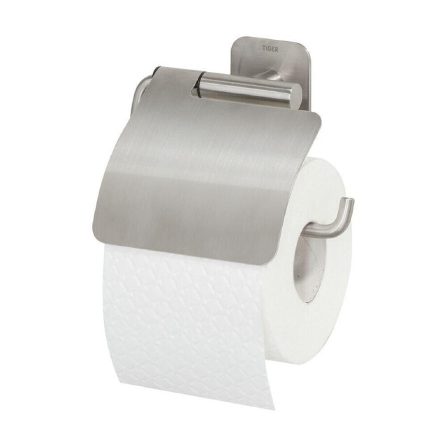 Tiger Colar Toiletrolhouder - met klep - zelfklevend - geborsteld RVS 1314130946 afbeelding 1