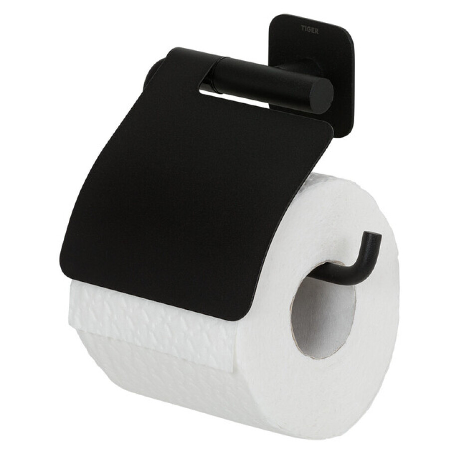 Tiger Colar Toiletrolhouder - met klep - zelfklevend - zwart 1314130746 afbeelding 1