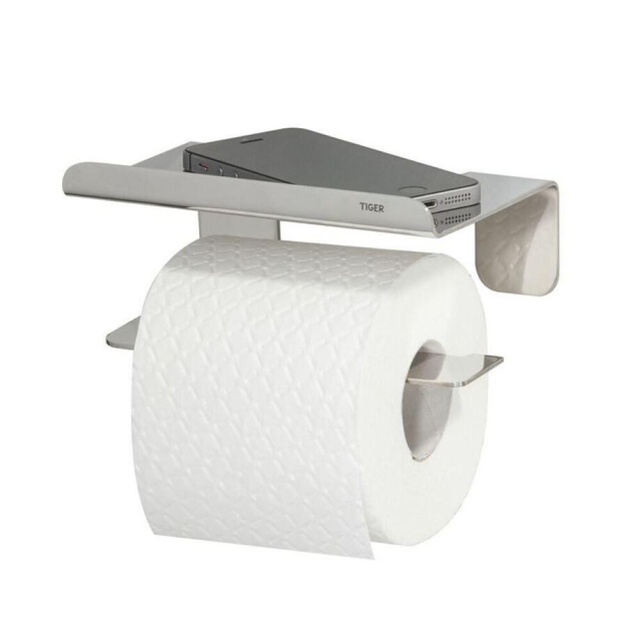 Tiger Colar Toiletrolhouder - zonder klep - met planchet - zelfklevend - gepolijst RVS 1314230346 afbeelding 1
