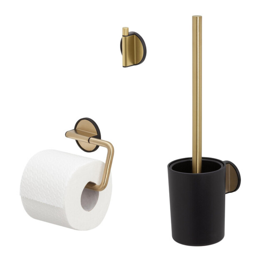 Tiger Tune Toilet Accessoireset - toiletrolhouder - zonder klep - toiletborstelhouder - handdoekhaak - zelfklevend - geborsteld messing/zwart 1326905601 afbeelding 1