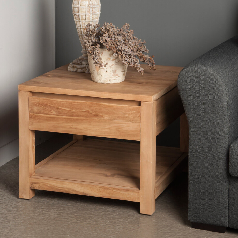 Tower Living Bijzettafel 'Corona' Teak, met 1 lade Tower Living Bijzettafel 'Corona' Teak, met 1 lade afbeelding