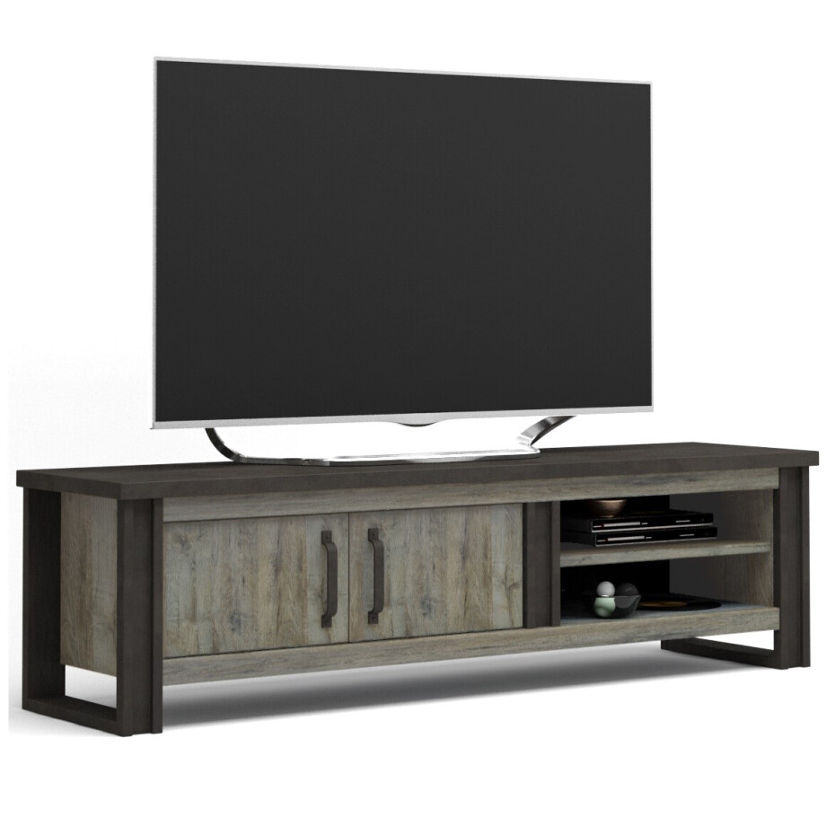 Tv-Meubel Baxter 204 cm breed grijs eiken met antraciet Tv-Meubel Baxter 204 cm breed grijs eiken met antraciet afbeelding 1