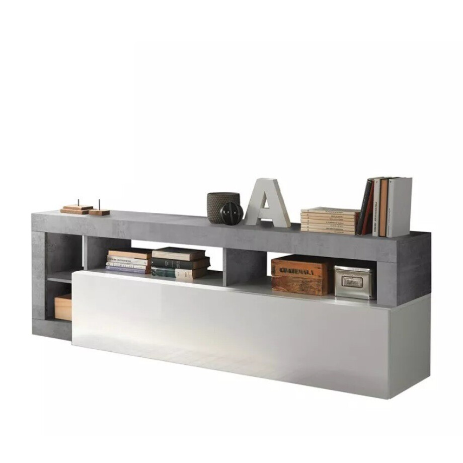 Tv Meubel Hamburg 184 cm breed hoogglans wit met beton Tv Meubel Hamburg 184 cm breed hoogglans wit met beton afbeelding 1