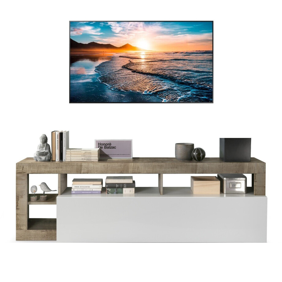 Tv Meubel Hamburg 184 cm breed hoogglans wit met eiken Tv Meubel Hamburg 184 cm breed hoogglans wit met eiken afbeelding 1