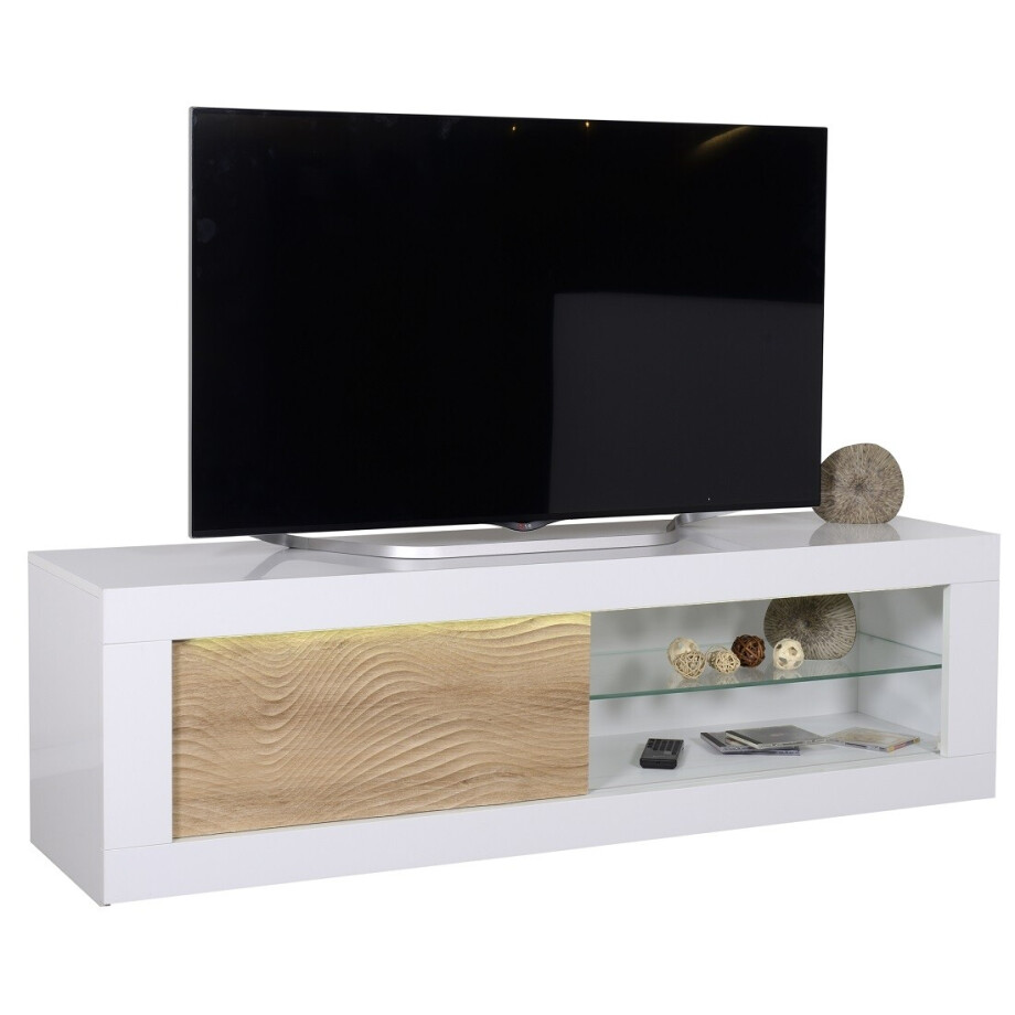 Tv meubel Karma 170 cm breed - Hoogglans wit met Eiken Tv meubel Karma 170 cm breed - Hoogglans wit met Eiken afbeelding 1