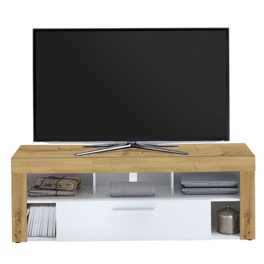 Tv-meubel Raymond 150 cm breed in artisan eiken met wit Tv-meubel Raymond 150 cm breed in artisan eiken met wit afbeelding 1