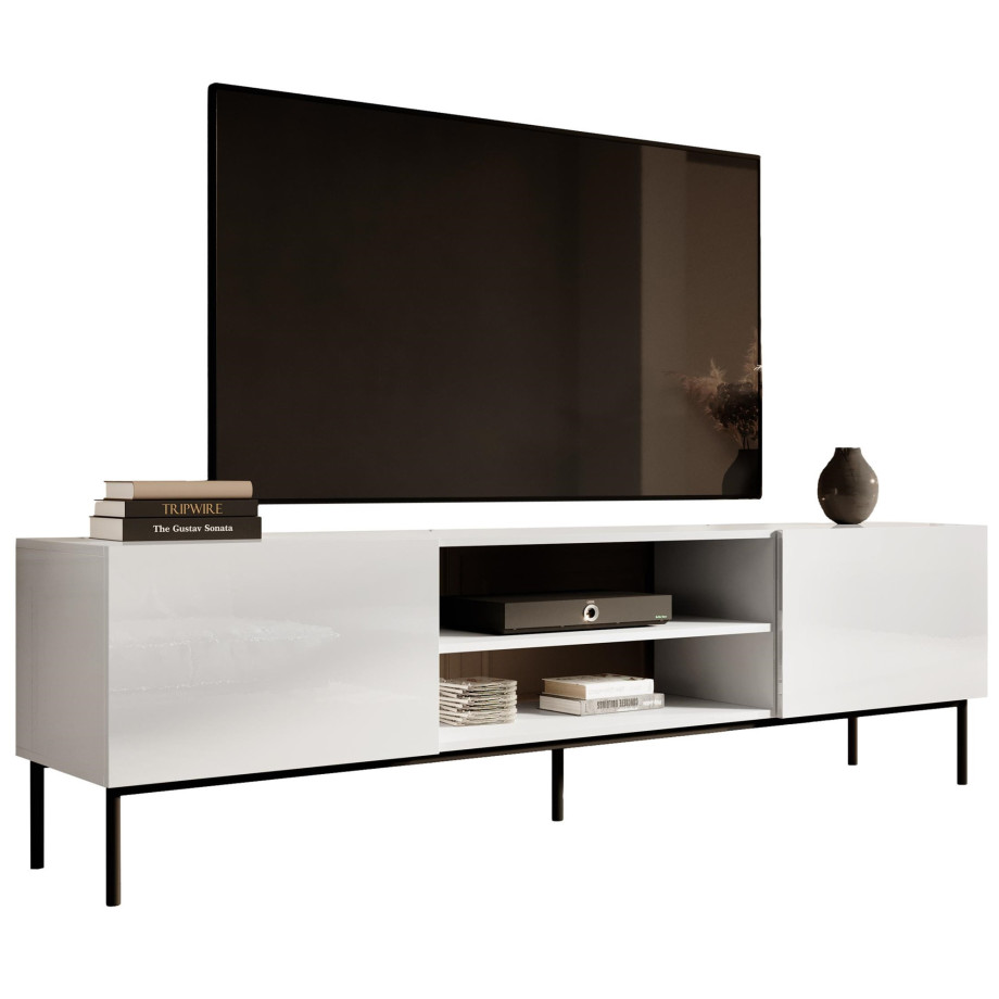 Tv-meubel Slide 200 cm breed hoogglans wit met zwarte poten afbeelding 1