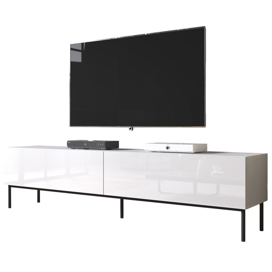 Tv-meubel Slide 2D 200 cm breed hoogglans wit met zwarte poten afbeelding 1
