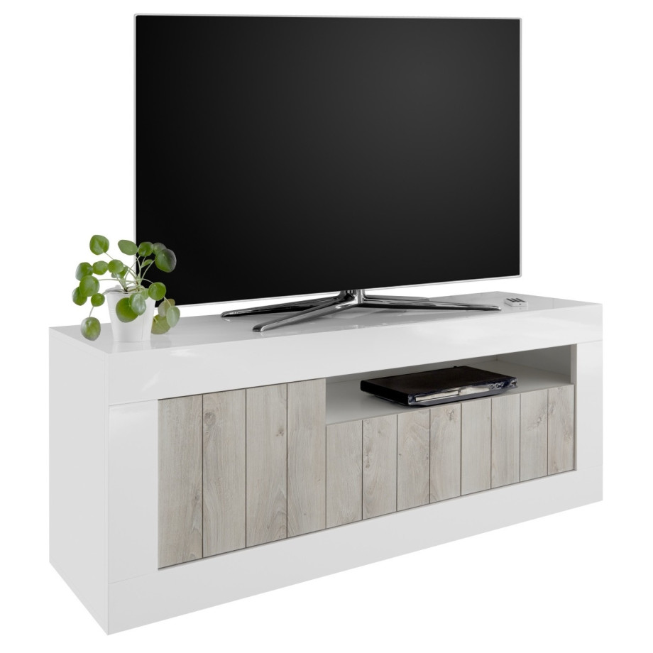 Tv-meubel Urbino 138 cm breed in hoogglans wit met grenen wit afbeelding 1