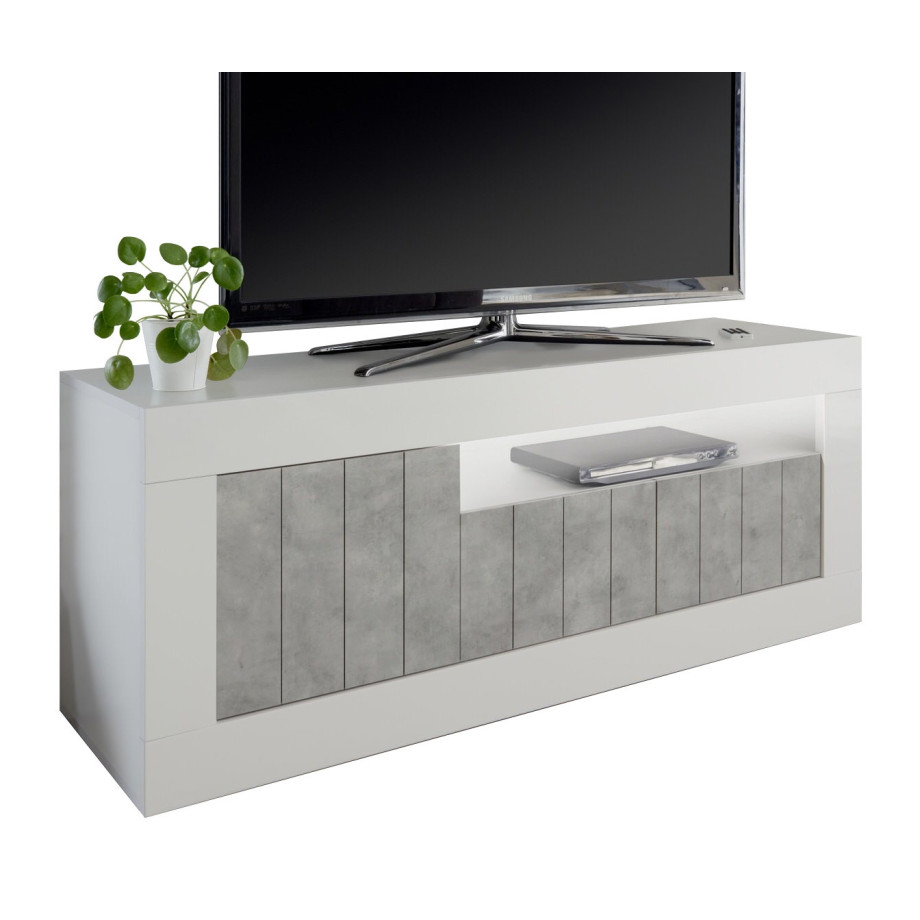 Tv-meubel Urbino 138 cm breed in hoogglans wit met grijs beton afbeelding 1