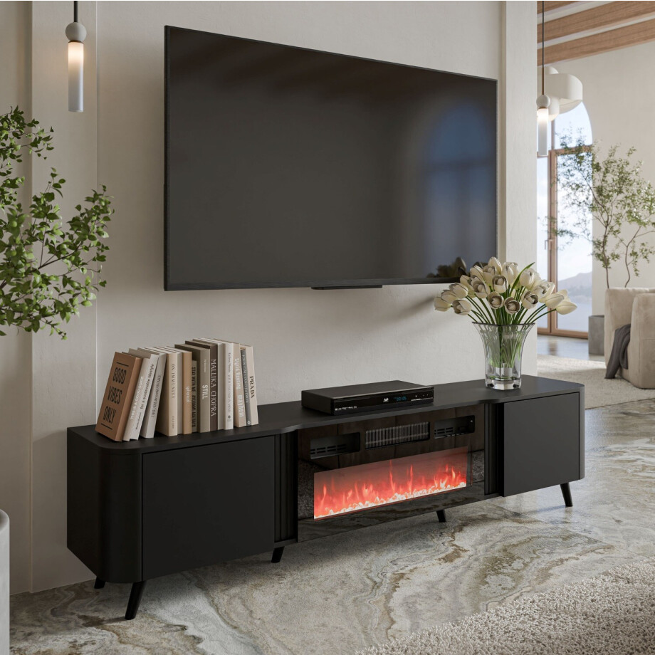 Tv-meubel Curve 200 cm breed zwart met sfeerhaard Tv-meubel Curve 200 cm breed zwart met sfeerhaard afbeelding 1