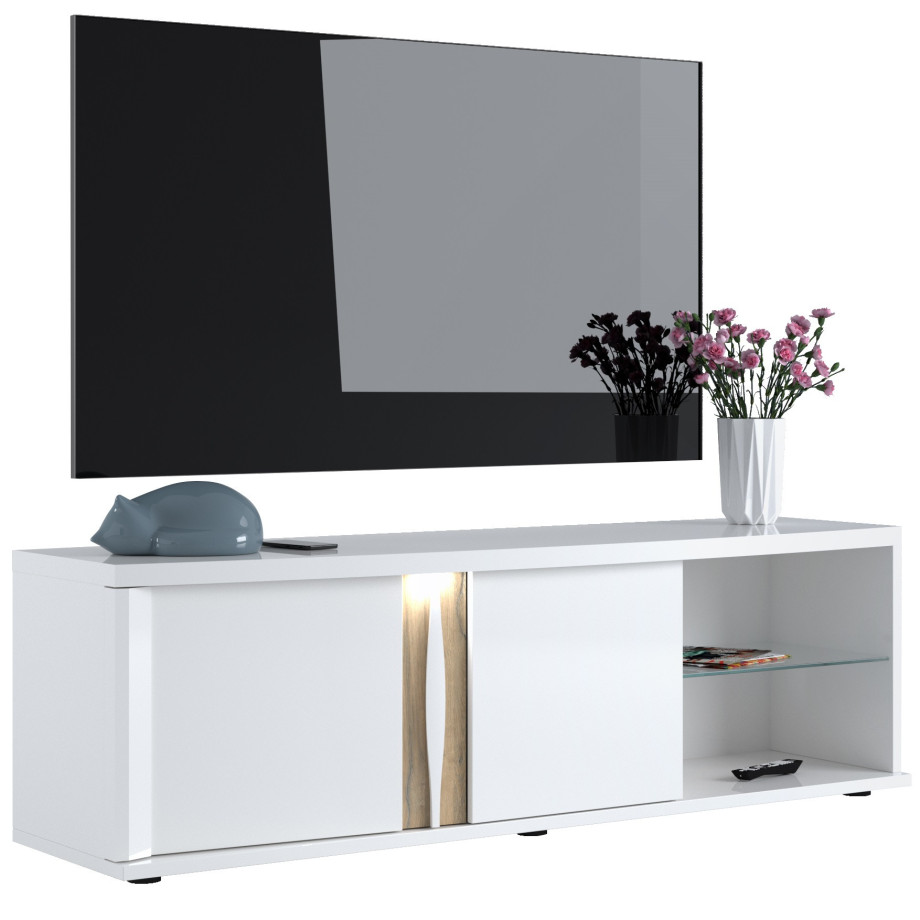 Tv meubel Insta 180 cm breed hoogglans wit met eiken afbeelding 1