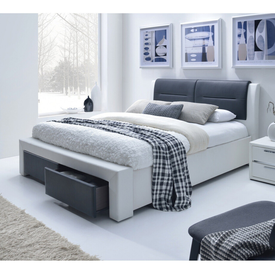 Tweepersoonsbed Cassandra-S 140x200cm in wit met zwart Tweepersoonsbed Cassandra-S 140x200cm in wit met zwart afbeelding 1
