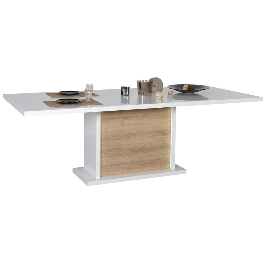Uitschuifbare Eettafel Karma 180 tot 225 cm breed - hoogglans wit met eiken afbeelding 1