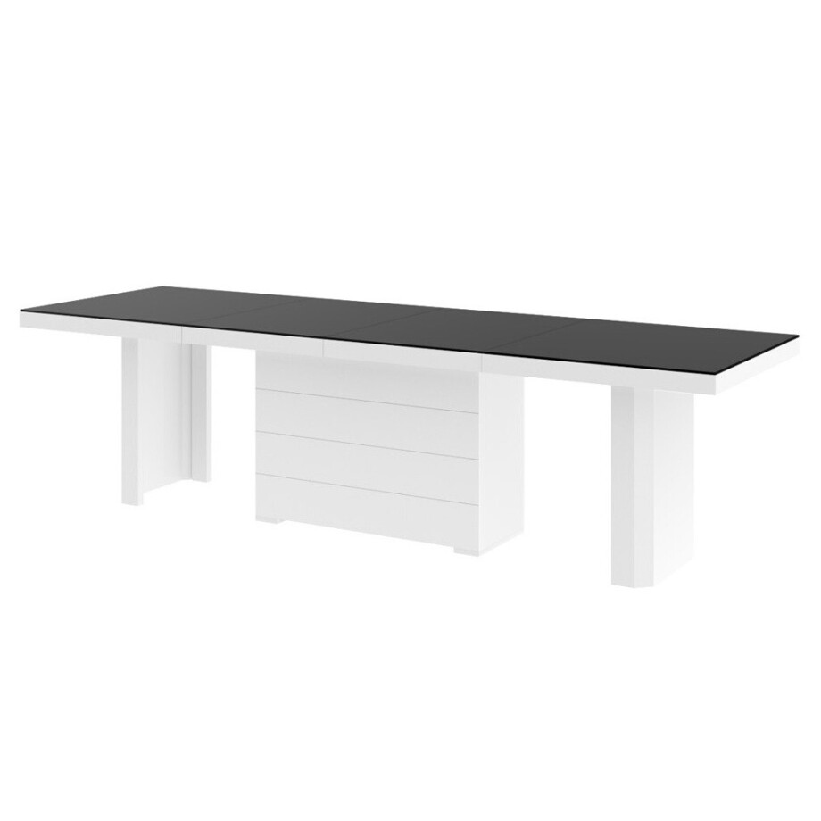 Uitschuifbare eettafel Kolos 140 tot 332 cm breed in mat zwart met wit Uitschuifbare eettafel Kolos 140 tot 332 cm breed in mat zwart met wit afbeelding 1