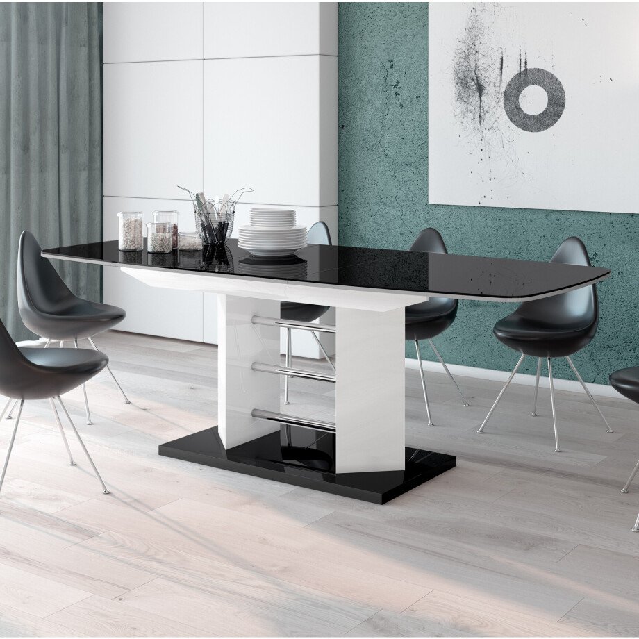 Uitschuifbare eettafel Linosa 160 tot 256 cm breed in hoogglans zwart met wit afbeelding 1