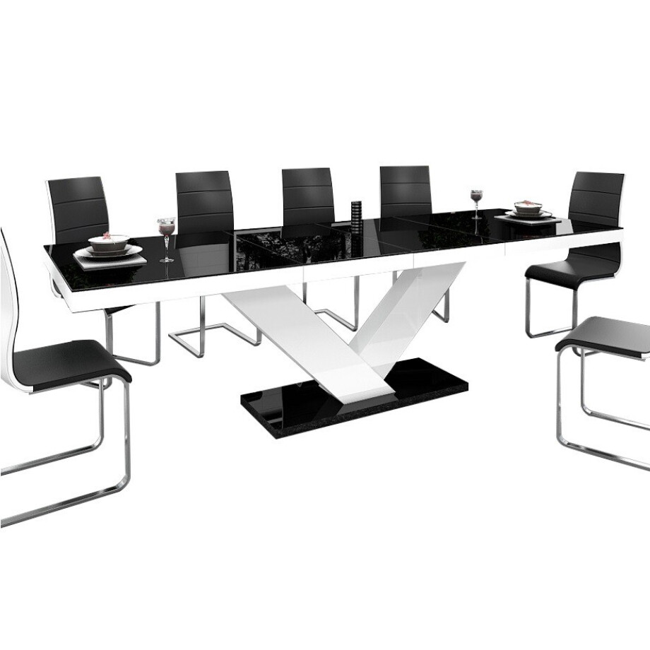 Uitschuifbare Eettafel Victoria 160 cm tot 256 cm hoogglans zwart met Wit afbeelding 1