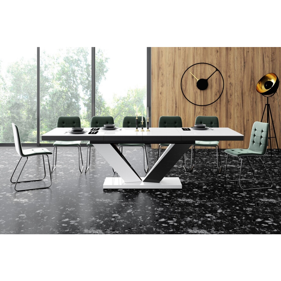 Uitschuifbare eettafel Viva 2 - 160 tot 256 cm breed in hoogglans wit met zwart afbeelding 1